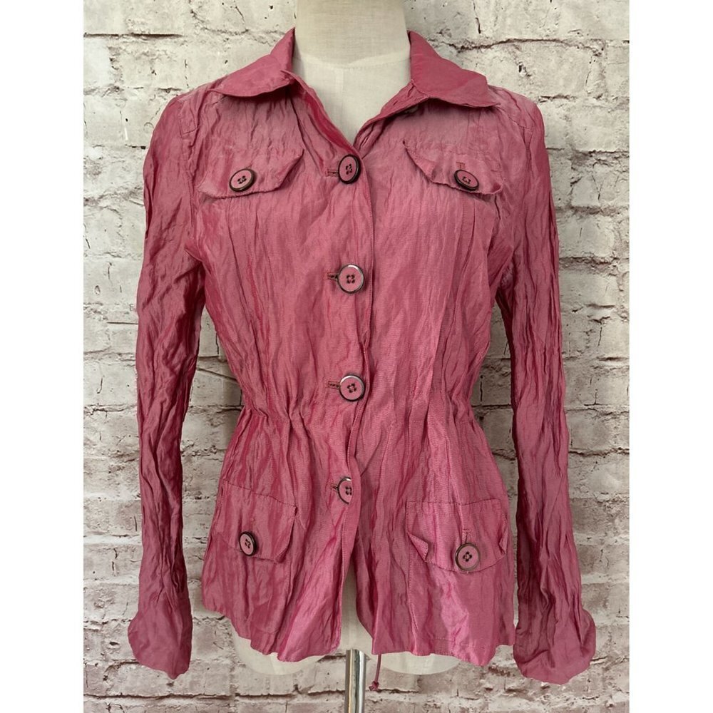 Chico’s 0 Touched Texture Tessie Jacket Rose Pink Crinkle Silk Blend Size Small